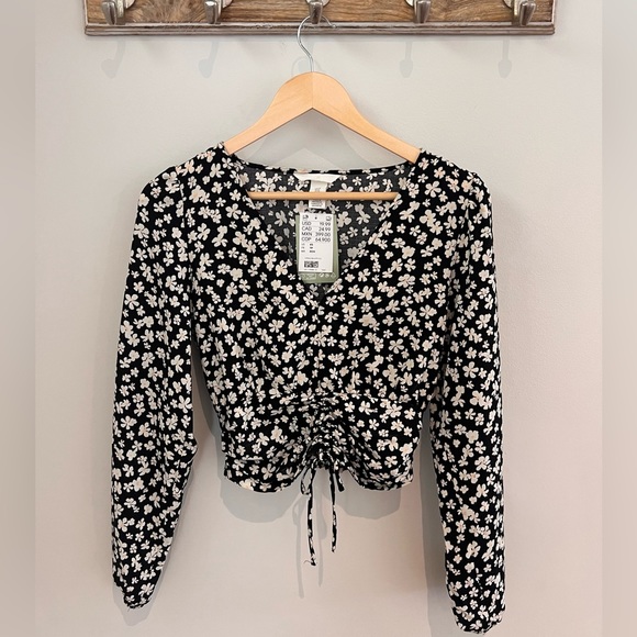 H&M Tops - H&M Black Floral Drawstring Long Sleeve Blouse